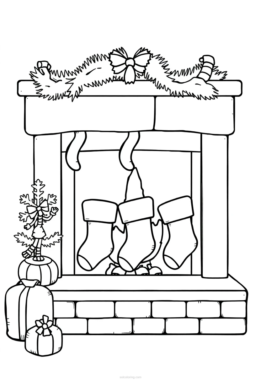 Christmas Stockings by Fireplace coloring page for kids