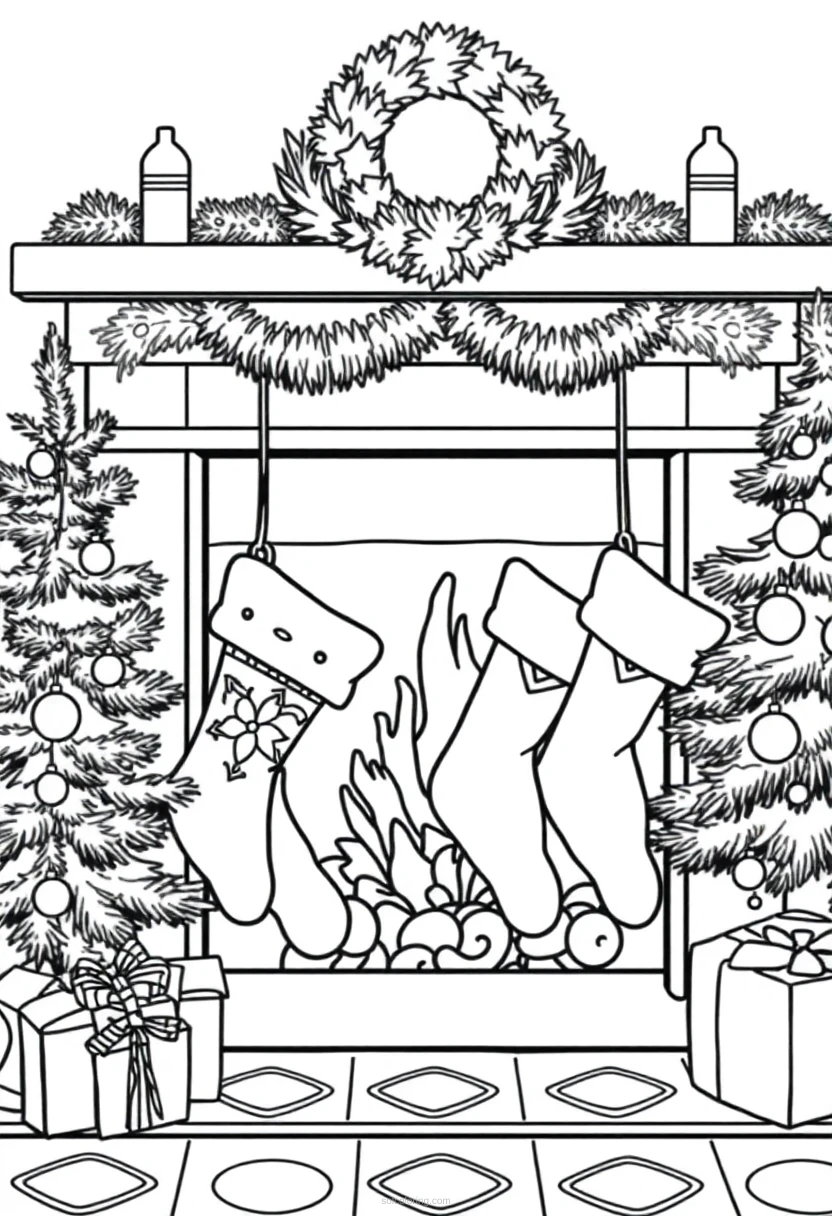 Christmas Stockings by Fireplace coloring page for kids