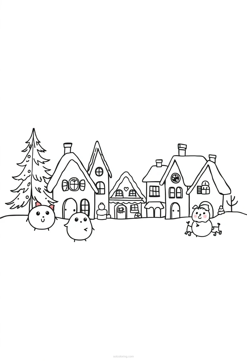 Christmas Village Scene coloring page for kids