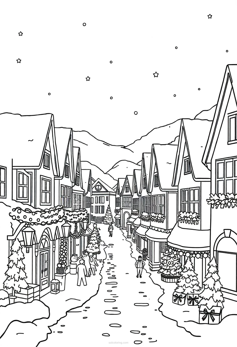 Christmas Village Scene coloring page for kids