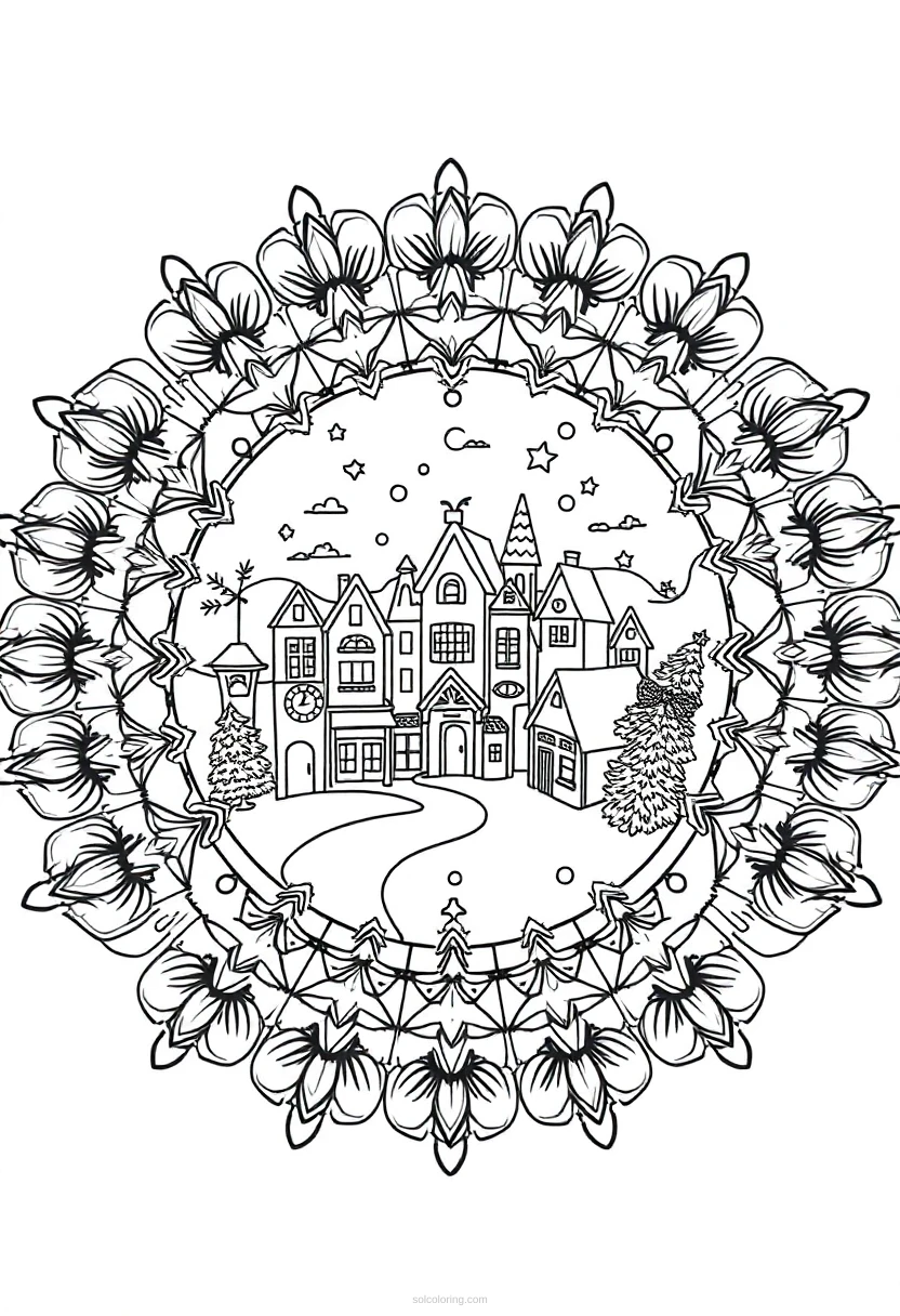 Christmas Village Scene coloring page for kids