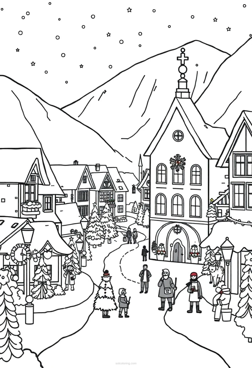Christmas Village Scene coloring pages