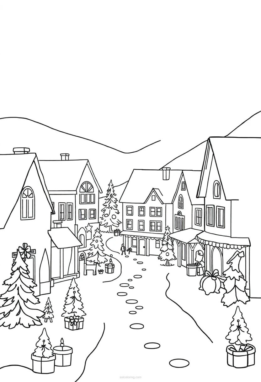 Christmas Village Scene coloring page for kids