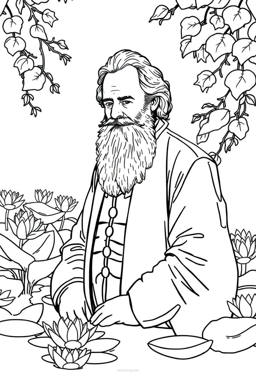 Claude Monet in Water Lily Garden coloring page for kids