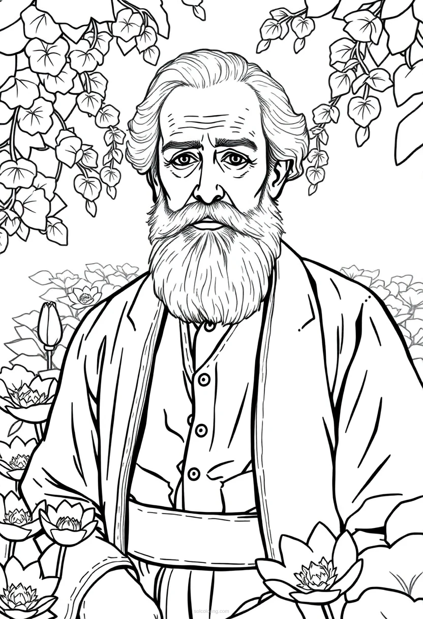 Claude Monet in Water Lily Garden coloring page for kids