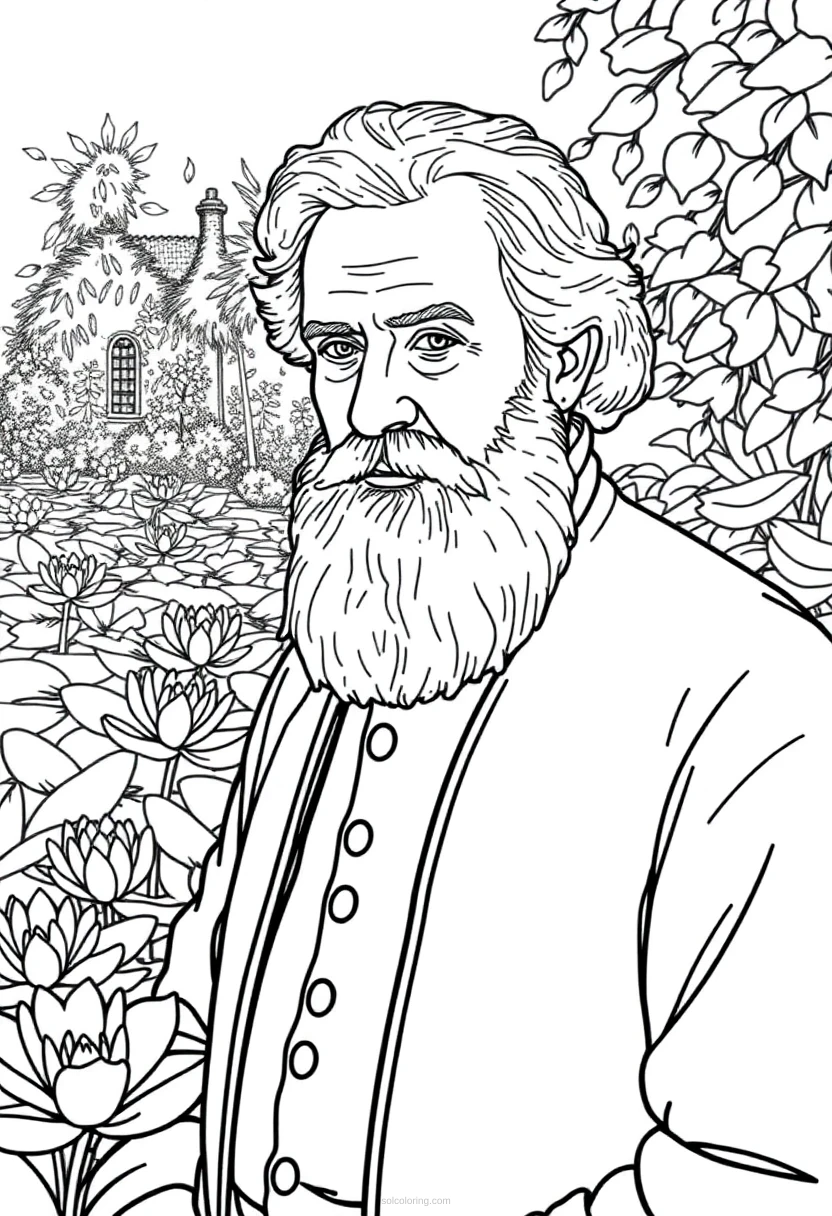 Claude Monet in Water Lily Garden coloring page for kids