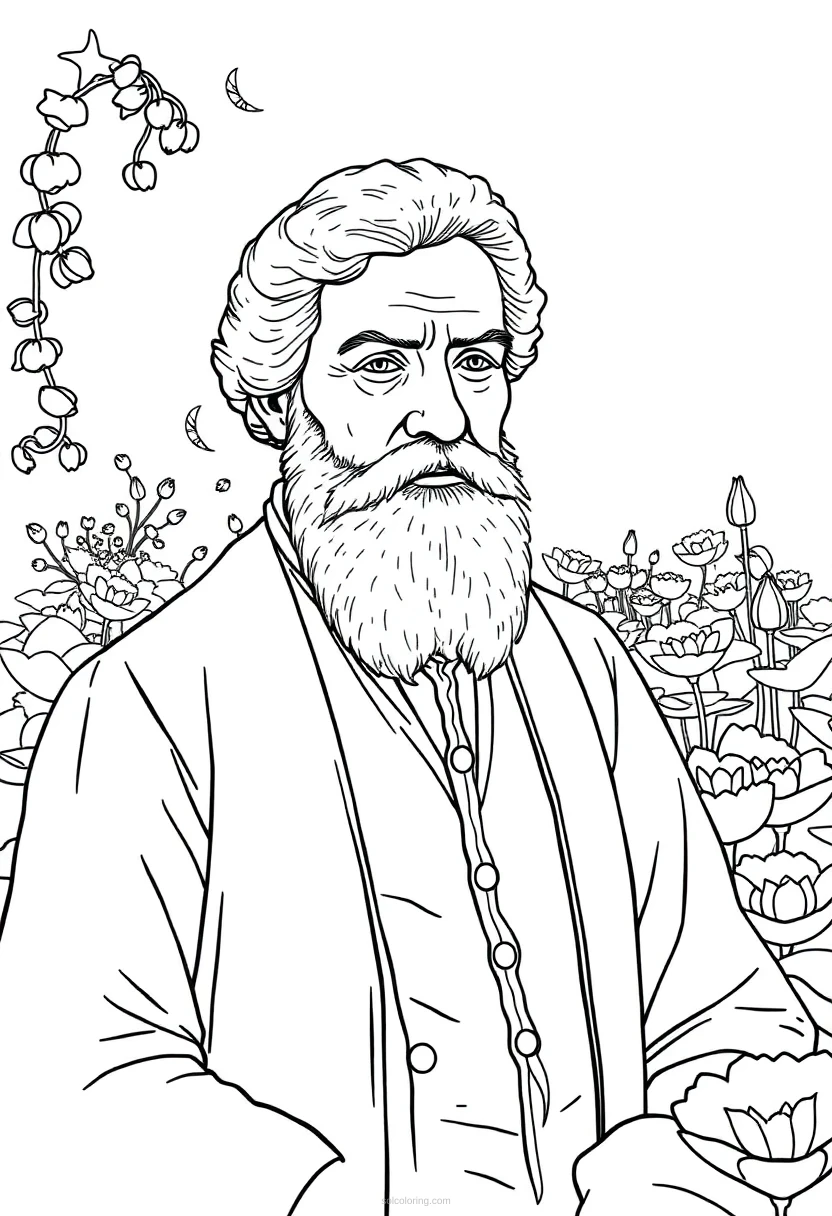 Claude Monet in Water Lily Garden coloring page for kids