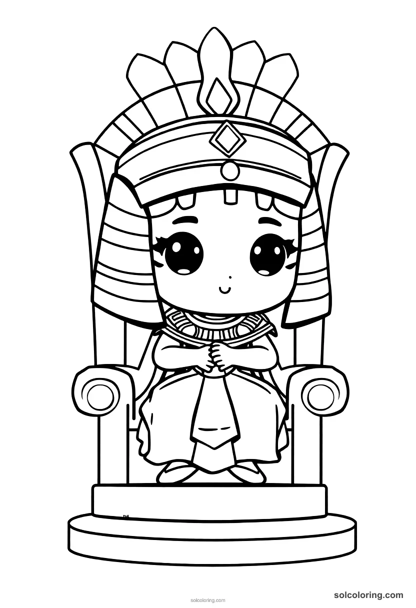 Chibi Cleopatra VII on Her Throne chibi coloring page for kids