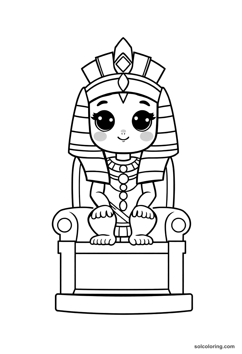 Cute Cartoon Cleopatra VII on Her Throne coloring page, free printable cute cartoon style