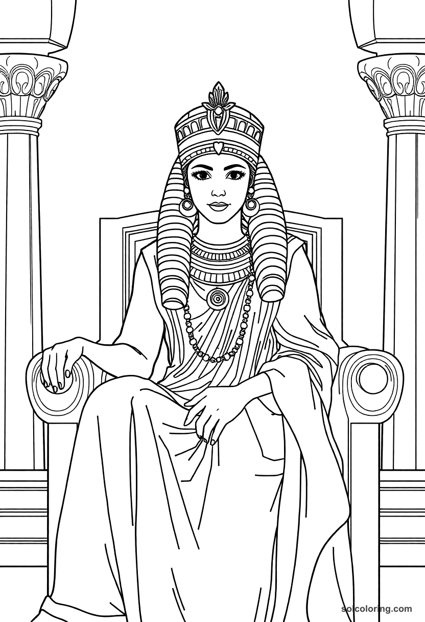 Cleopatra VII on Her Throne coloring page, free printable detailed style