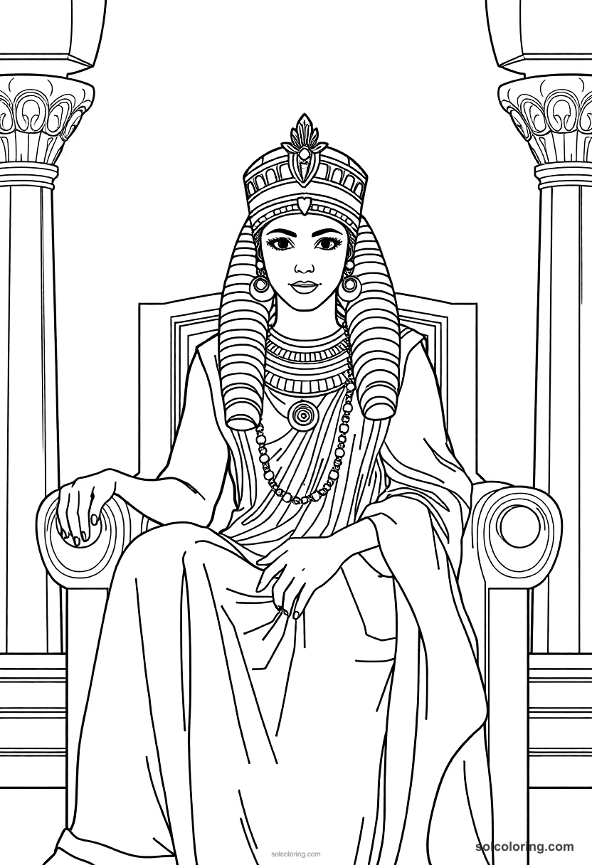 Cleopatra VII on Her Throne detailed coloring page for kids