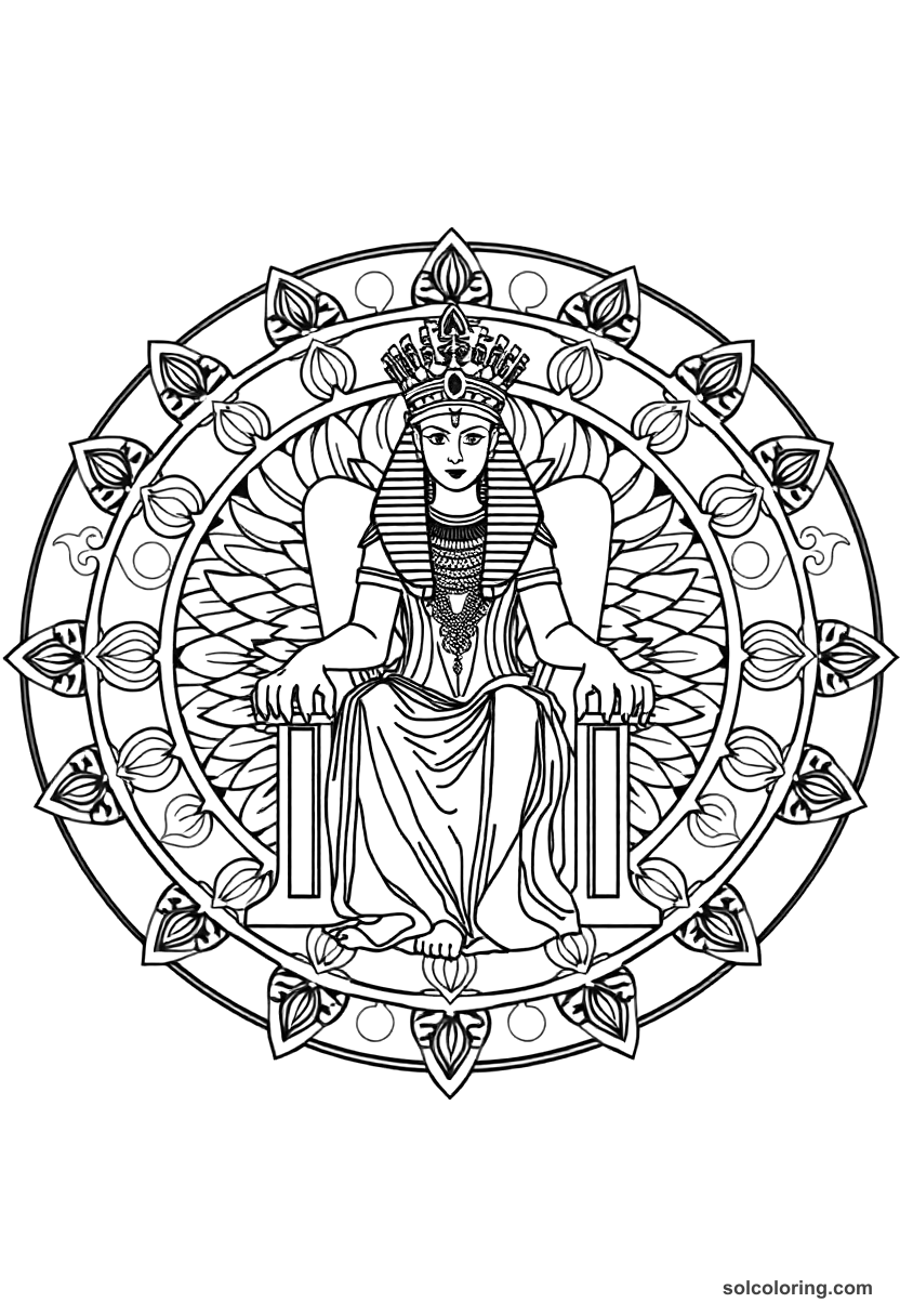 Mandala Cleopatra VII on Her Throne coloring page, free printable mandala style