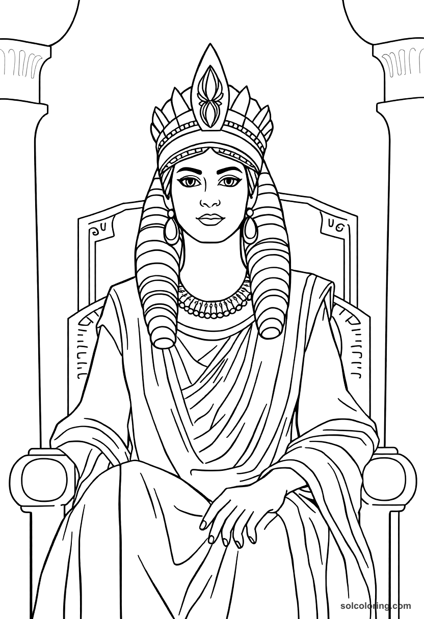 Cleopatra VII on Her Throne coloring page, free printable realistic style