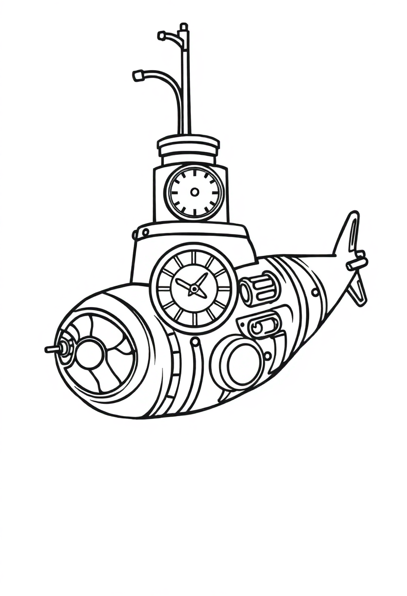 Clockwork Submarine coloring page, free printable standard style for kids and adults