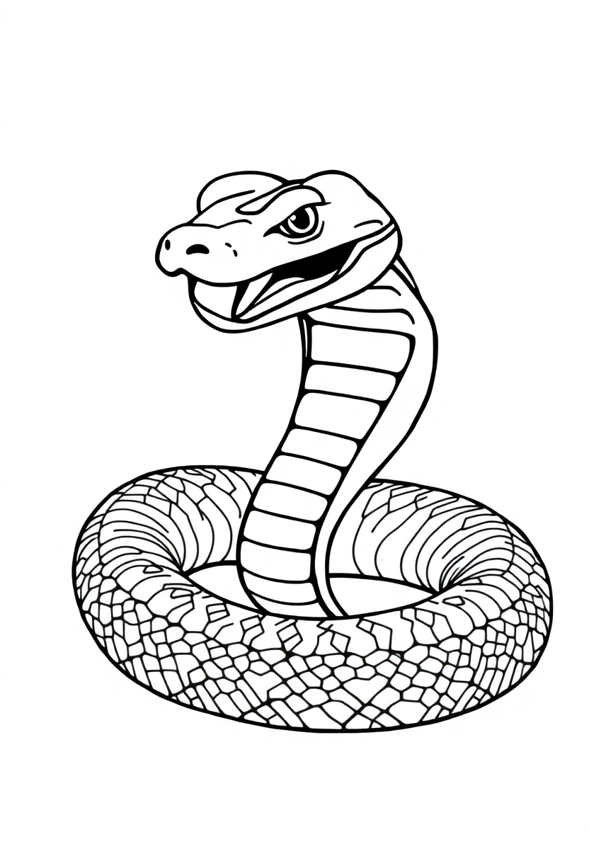 Simple cobra coloring page showing a snake in striking pose with bold outlines, perfect for kids to color and print