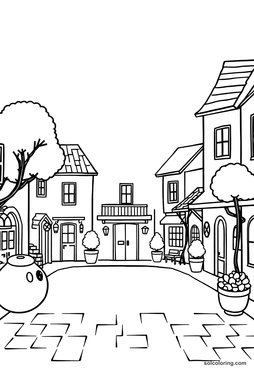 Cute Cartoon Colonial American Town Square coloring page, free printable cute cartoon style