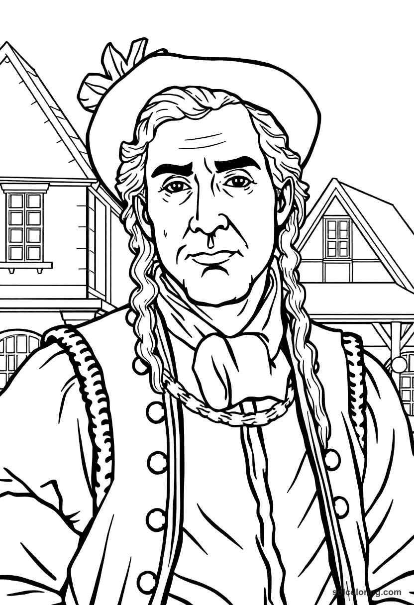 Colonial American Town Square coloring page, free printable detailed style