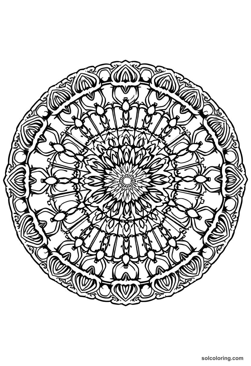 Mandala Colonial American Town Square coloring page, free printable mandala style
