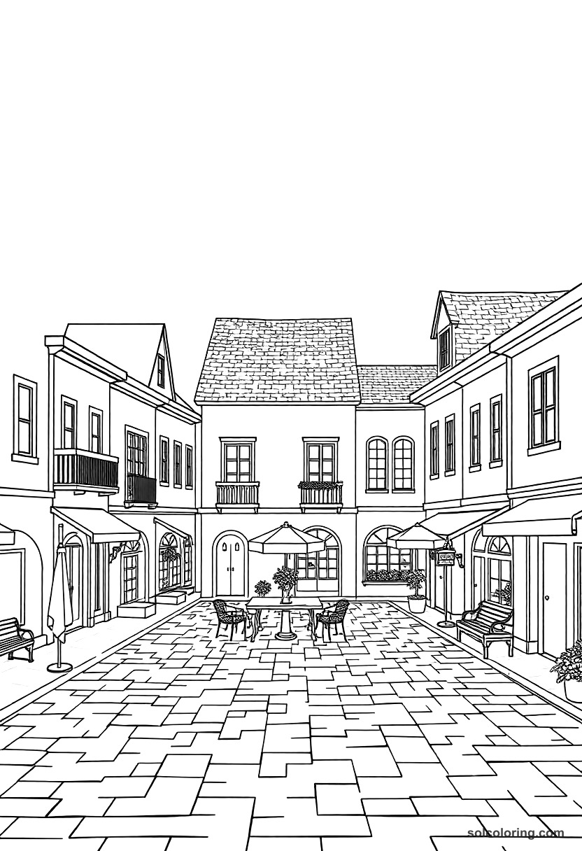 Simple Colonial American Town Square coloring page, free printable simple style