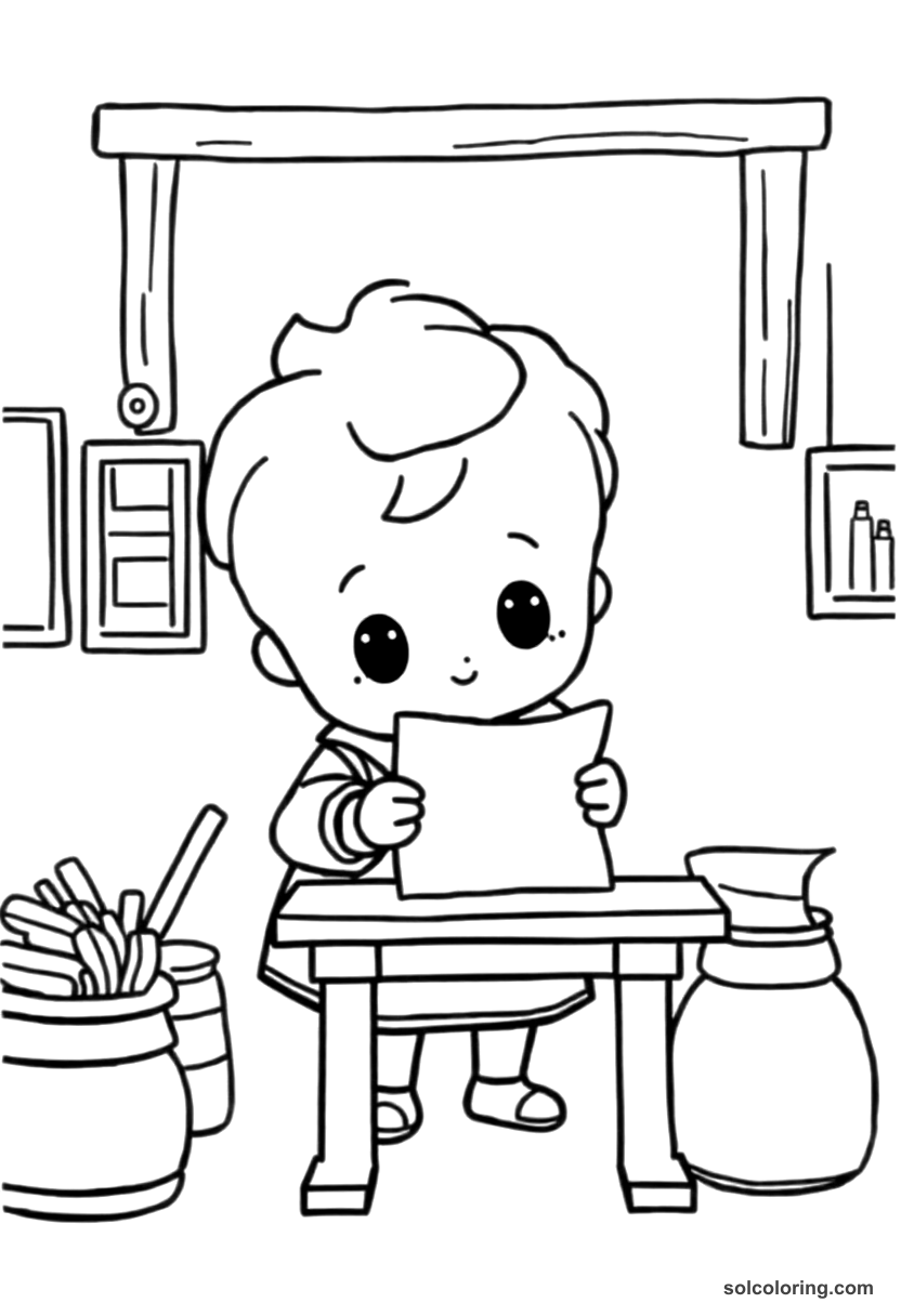 Chibi Colonial Boston Printing Press Pamphlet Scene coloring page, free printable chibi style