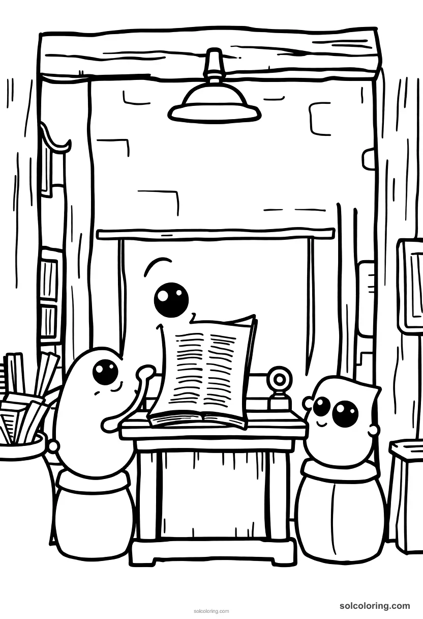 Cute Cartoon Colonial Boston Printing Press Pamphlet Scene cute cartoon coloring page for kids