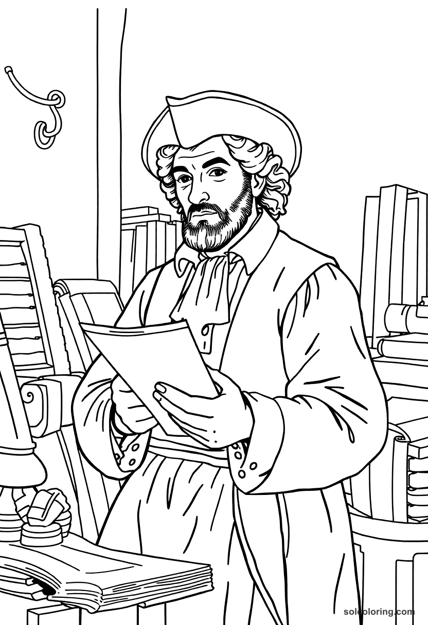 Colonial Boston Printing Press Pamphlet Scene coloring page, free printable detailed style