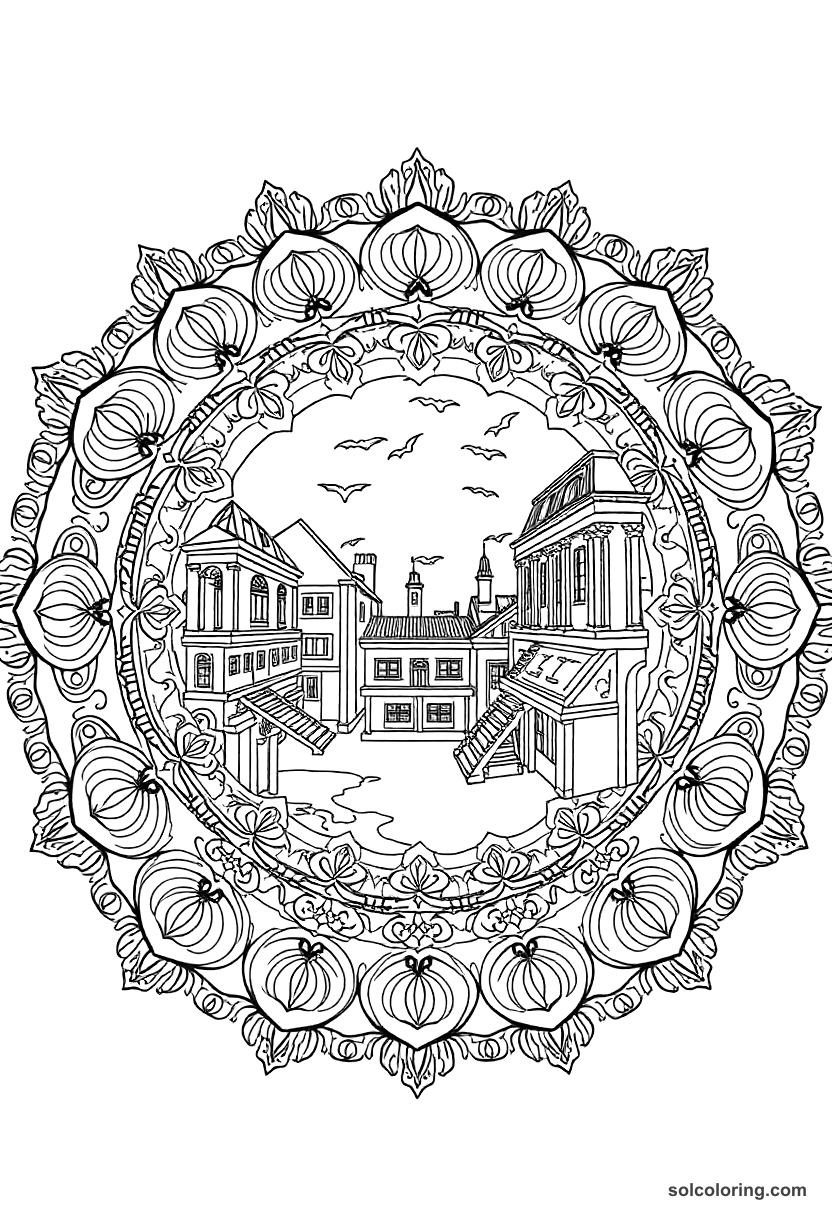 Mandala Colonial Boston Printing Press Pamphlet Scene coloring page, free printable mandala style