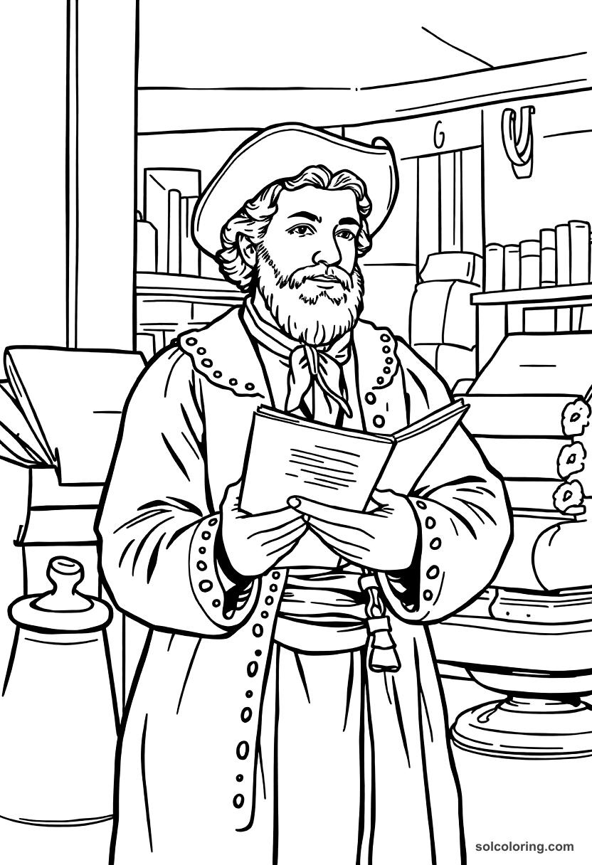 Colonial Boston Printing Press Pamphlet Scene coloring pages
