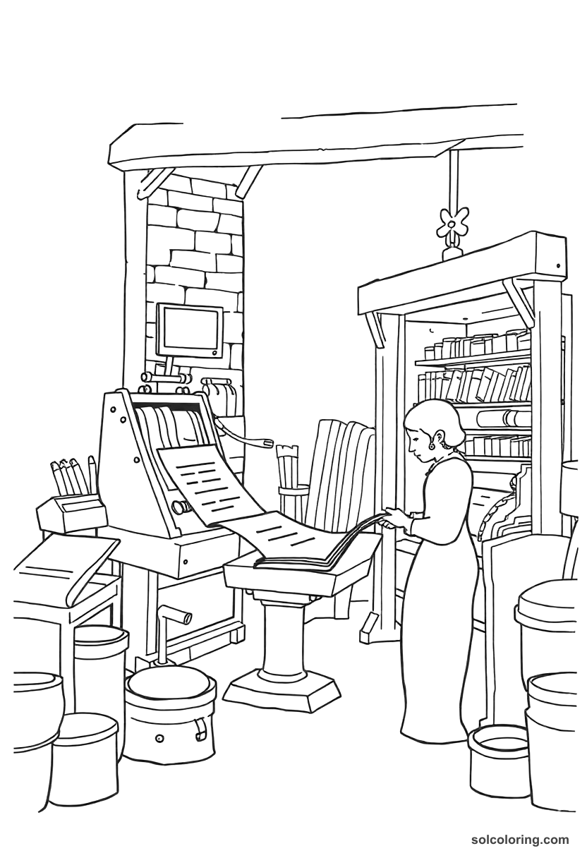 Simple Colonial Boston Printing Press Pamphlet Scene coloring page, free printable simple style