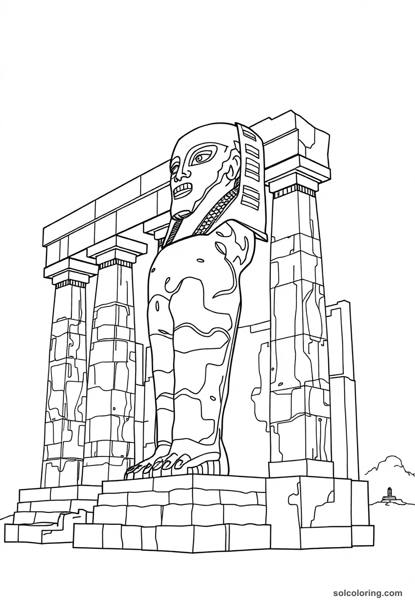 Detailed coloring page showing the two massive Colossi of Memnon statues with hieroglyphics and Egyptian architectural details