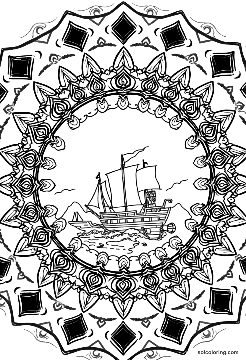 Mandala Conquistador Landing in the New World coloring page, free printable mandala style