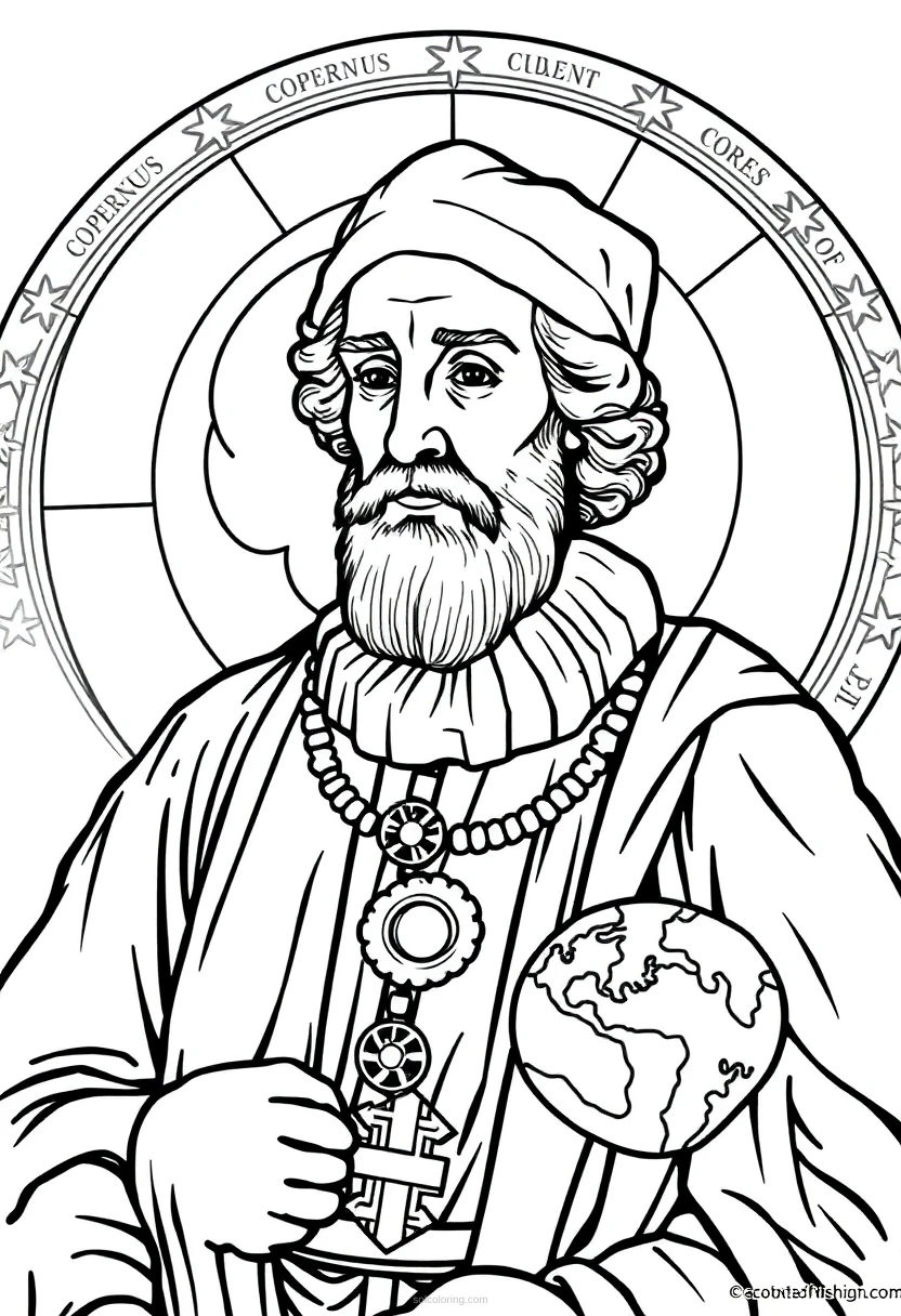 Copernicus with Solar System Model coloring page for kids