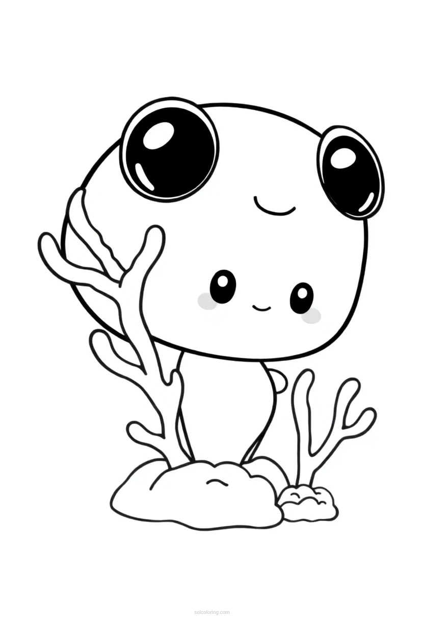 Coral reef coloring page with cute chibi sea creatures, fish, and coral formations in simple black outlines for kids