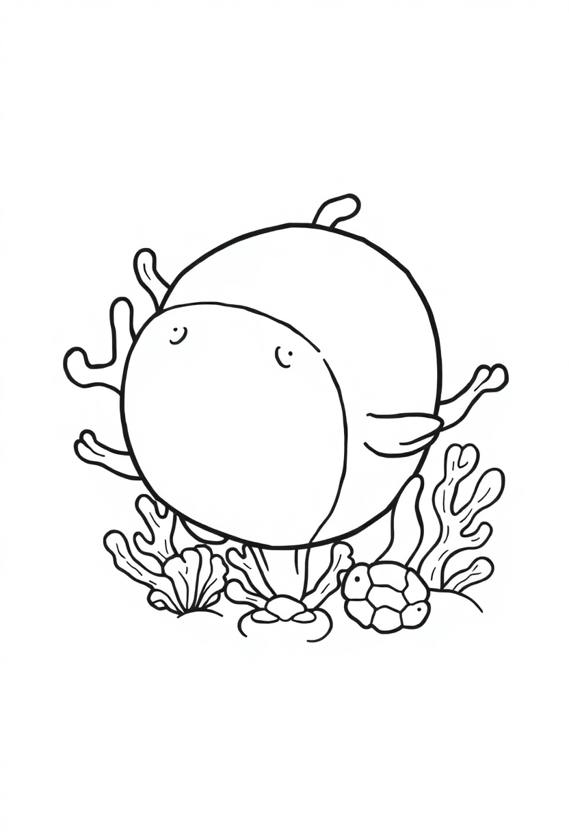 Coral reef coloring page with chibi sea animals, fish, and coral formations in bold black outlines for easy coloring