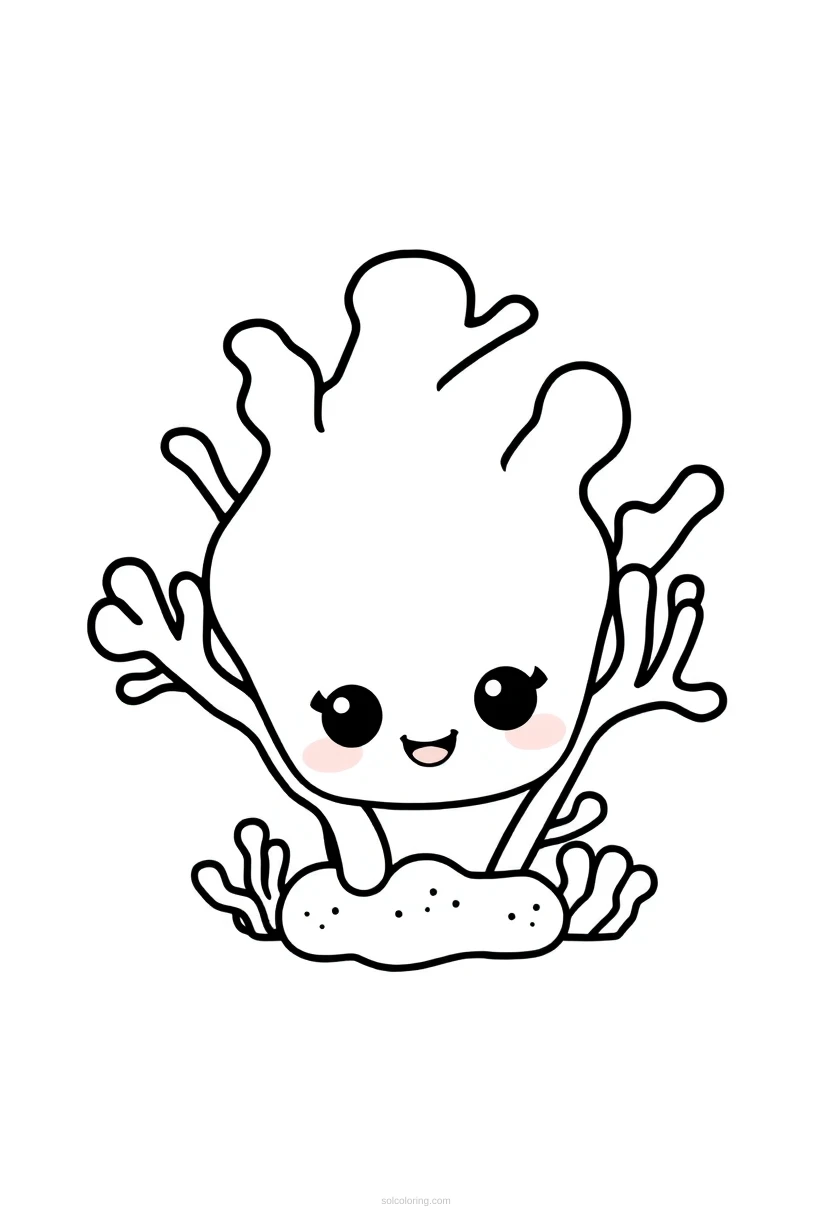 Simple coral reef coloring page with cute chibi fish, coral formations, and seaweed in bold black outlines for easy coloring