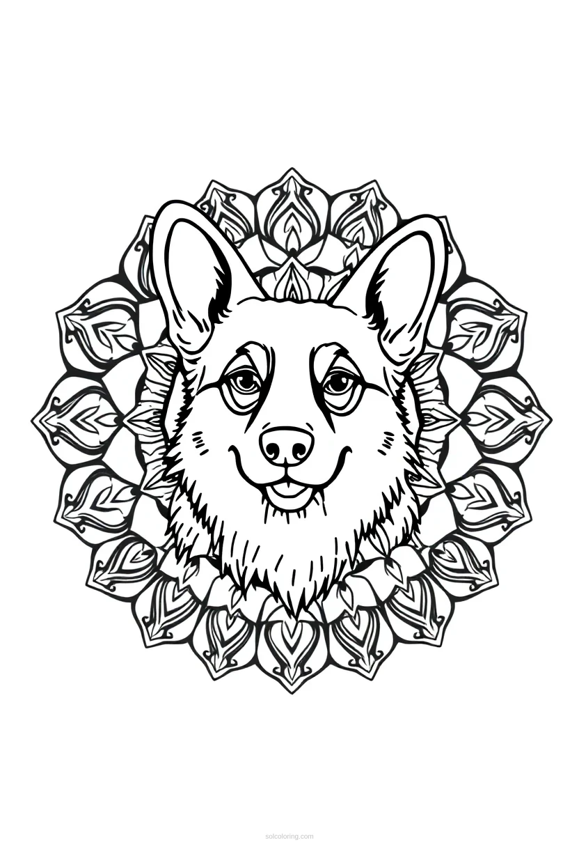Cute cartoon corgi coloring page with mandala patterns, featuring bold outlines perfect for printing and coloring