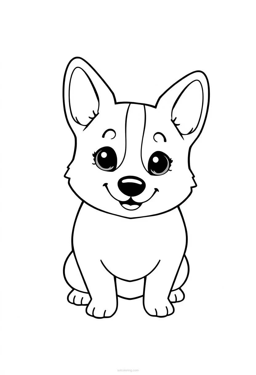 Simple cute cartoon corgi coloring page with bold outlines, sitting position, friendly expression, perfect for kids
