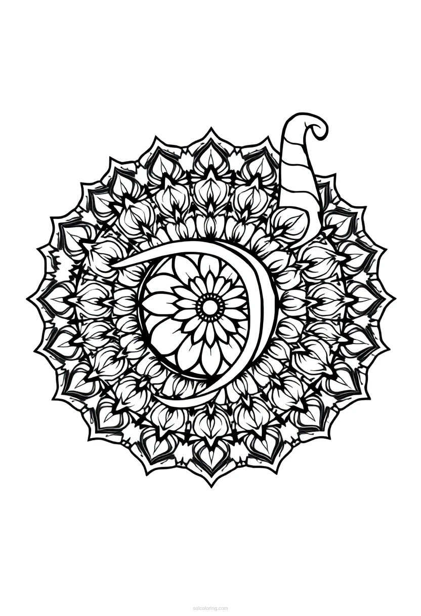 Cornucopia horn of plenty coloring page with mandala design featuring fruits vegetables and decorative patterns