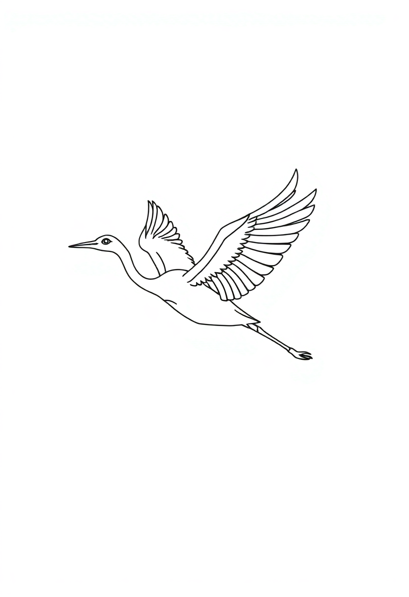 Free printable coloring page showing a crane bird in flight with spread wings and extended neck in bold outline style
