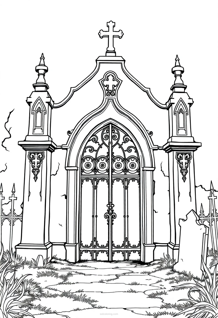 Creepy Cemetery Gate coloring page for kids