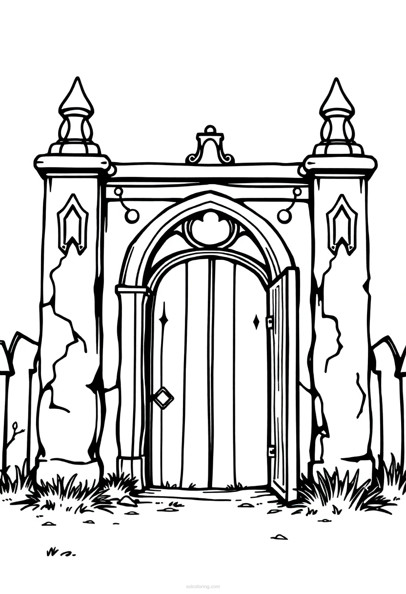 Creepy Cemetery Gate coloring page for kids