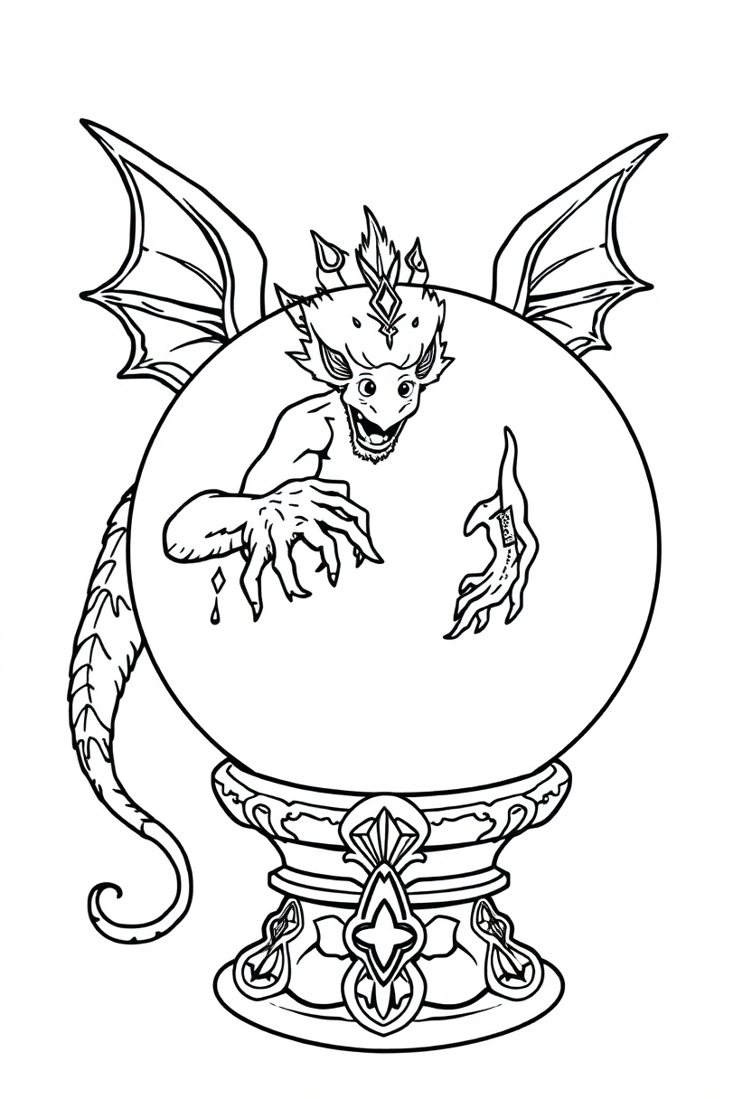 Crystal ball coloring page showing detailed mystical orb with swirling patterns on ornate decorative base with bold outlines