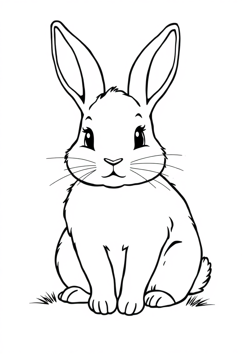 Cuddly rabbit coloring page showing a cute bunny with floppy ears and fluffy tail, simple black outlines on white background