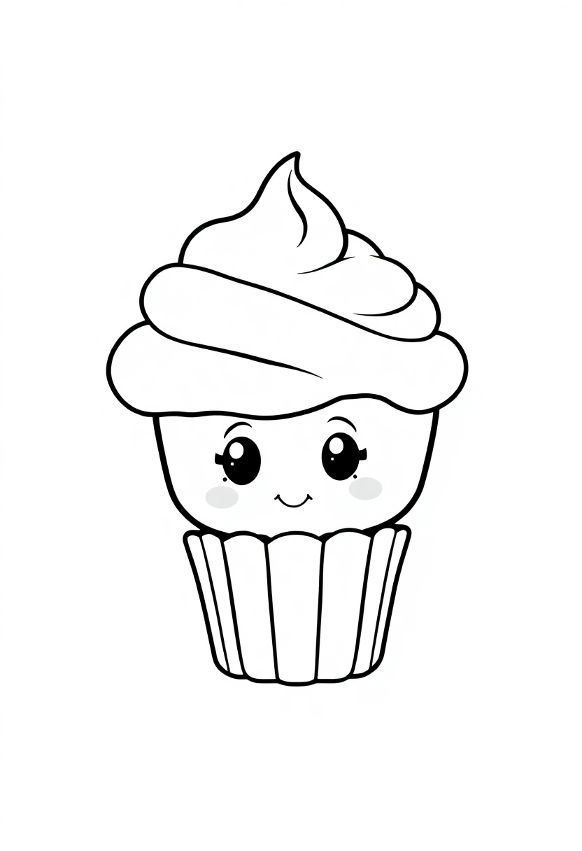 Cupcakes with frosting coloring page showing chibi-style cupcakes with swirled frosting tops and cherry decorations