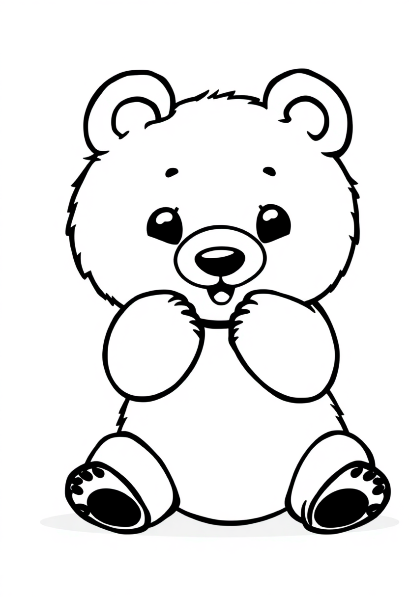 Cute bear cub playing coloring page with chibi-style design, bold outlines, and playful pose for kids to color