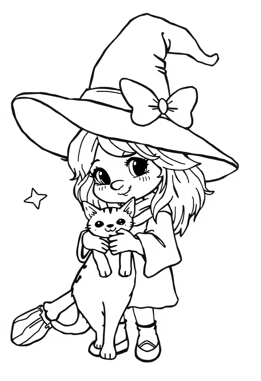 Cute Witch with Cat Familiar coloring page, free printable