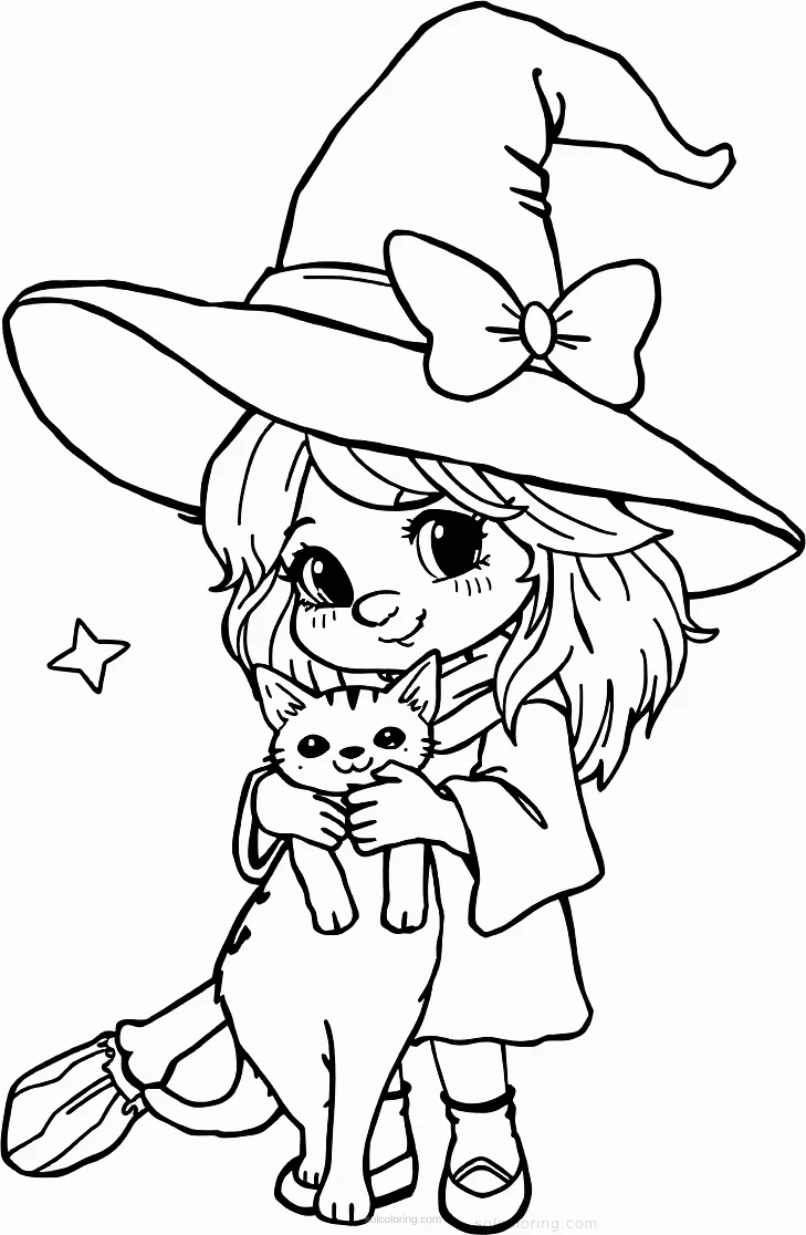 Cute Witch With Cat Familiar coloring page for kids