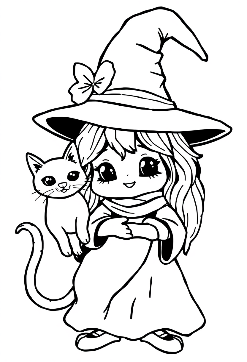 Cute Witch with Cat Familiar coloring page, free printable