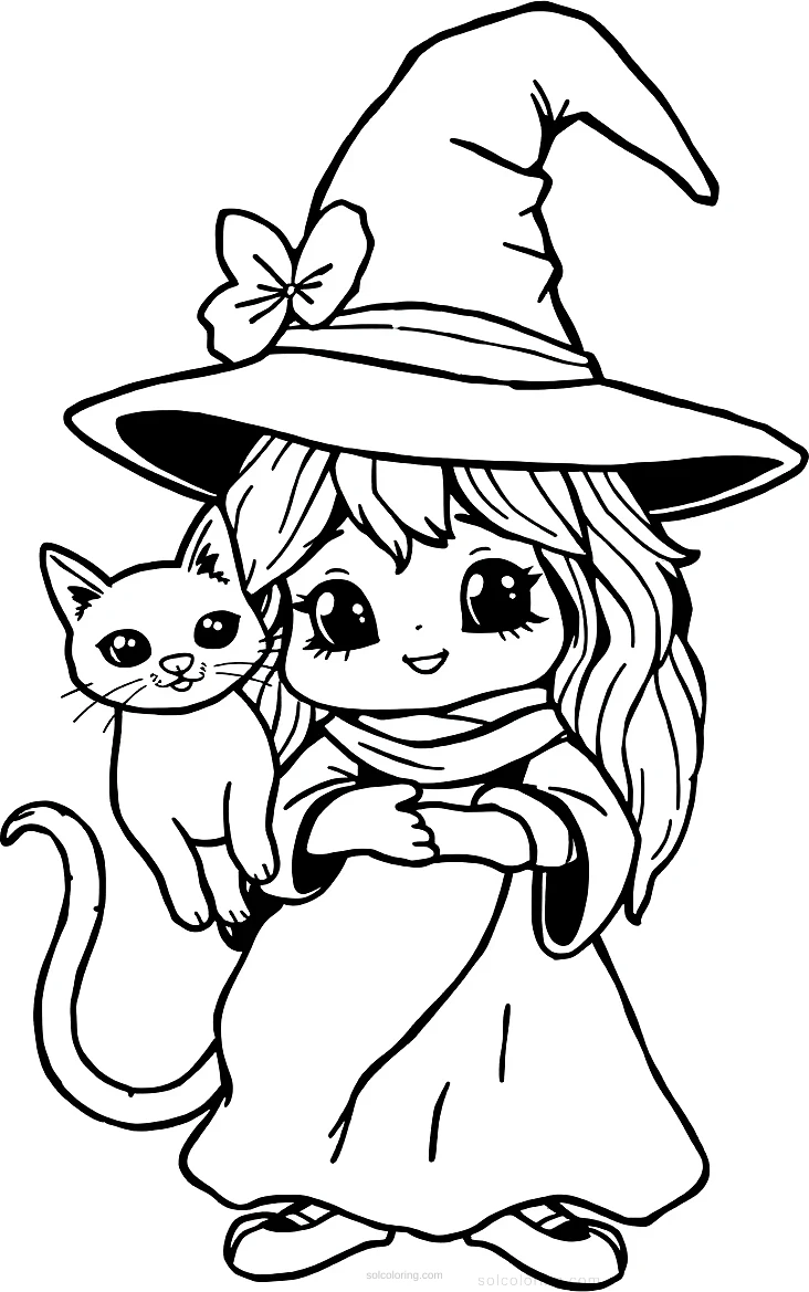 Cute Witch With Cat Familiar coloring page for kids