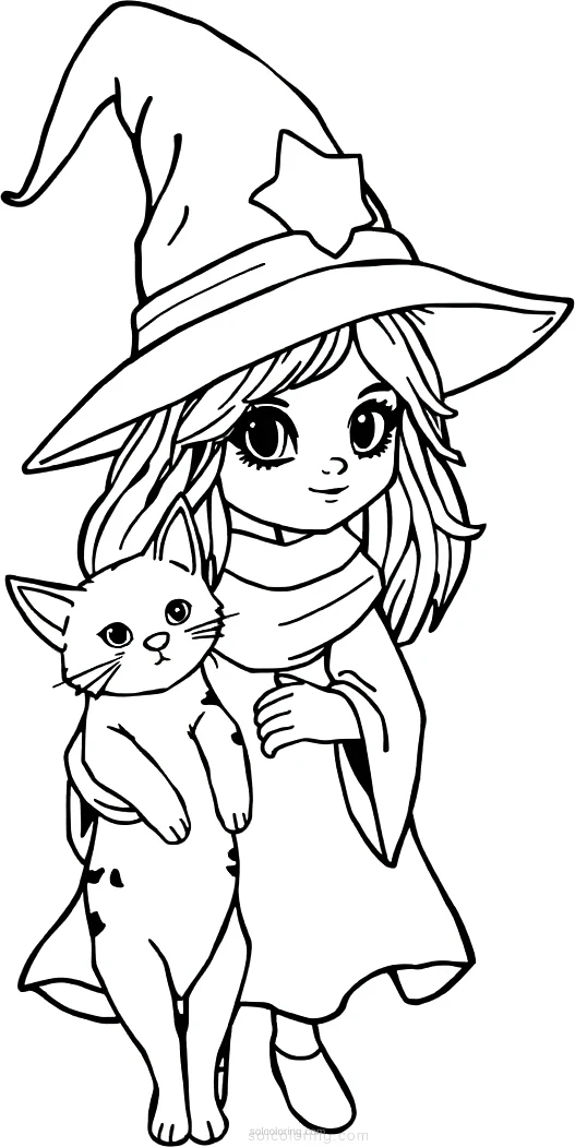 Cute Witch With Cat Familiar coloring page for kids